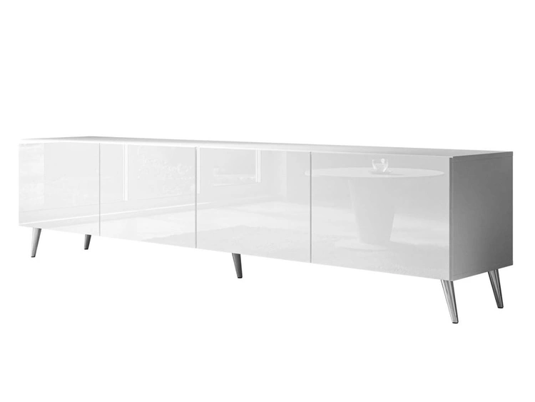 TV-Lowboard mit Türen auf Silbernen Metallbeinen 200 cm Nodoo Weiß Hochglanz