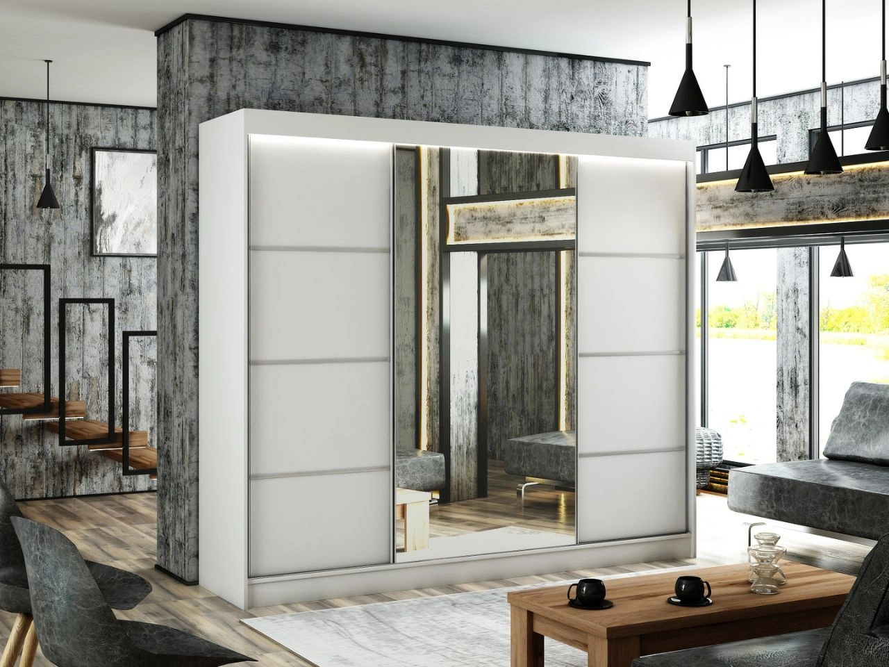 Schiebetürenschrank mit Spiegel 250 cm mit LED-Beleuchtung Portel Weiß