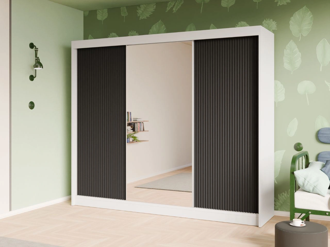 Schiebetürenschrank mit geriffelter Front und Spiegel 250 cm Fano Weiß, Schwarz