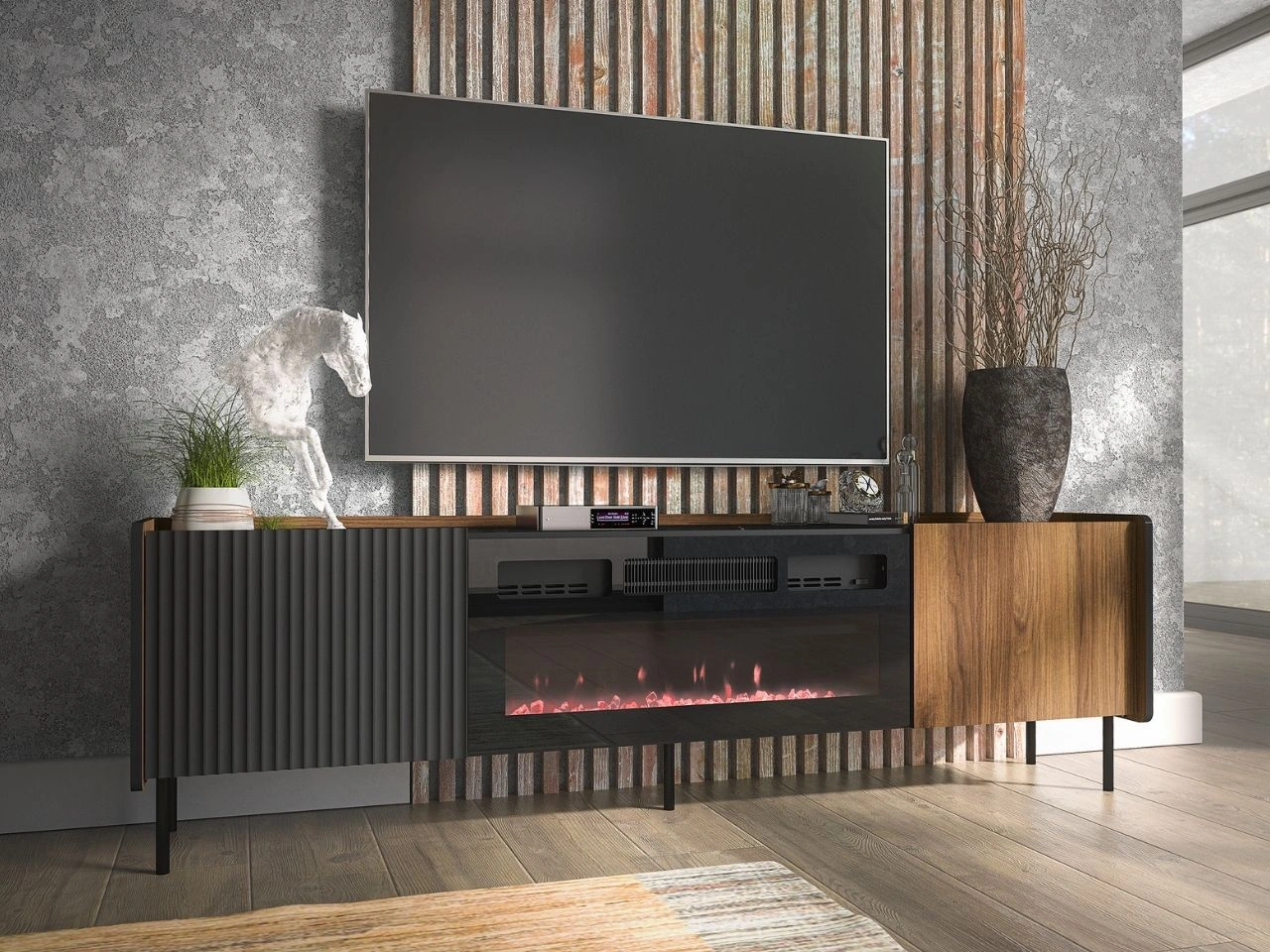 TV-Lowboard mit Türen und Komin Pascale Nussbaum Warmia, Schwarz