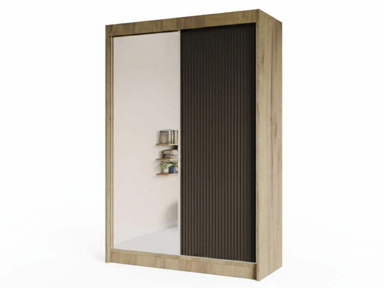 Schiebetürenschrank mit geriffelter Front und Spiegel 150 cm Fano Handwerk Goldene Eiche, Schwarz