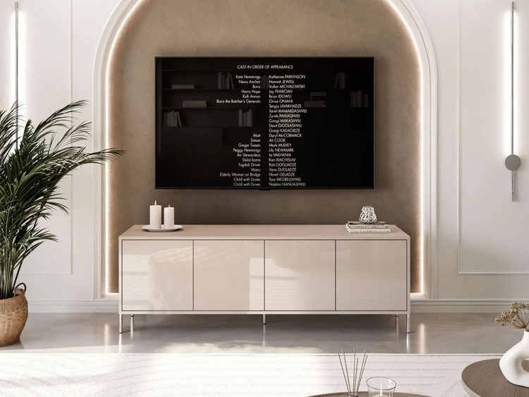 TV-Lowboard im Glamour-Stil mit Türen auf geraden silbernen Füßen Vivance, Kaschmir Hochglanz