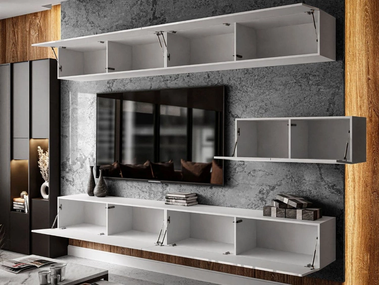 Hängende Wohnwand für das Wohnzimmer mit LED-Beleuchtung Nodoo Weiß Hochglanz