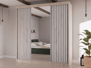 Schiebetürenschrank mit Lamellen und Spiegel 200 cm Lucena Eiche Sonoma, Weiß