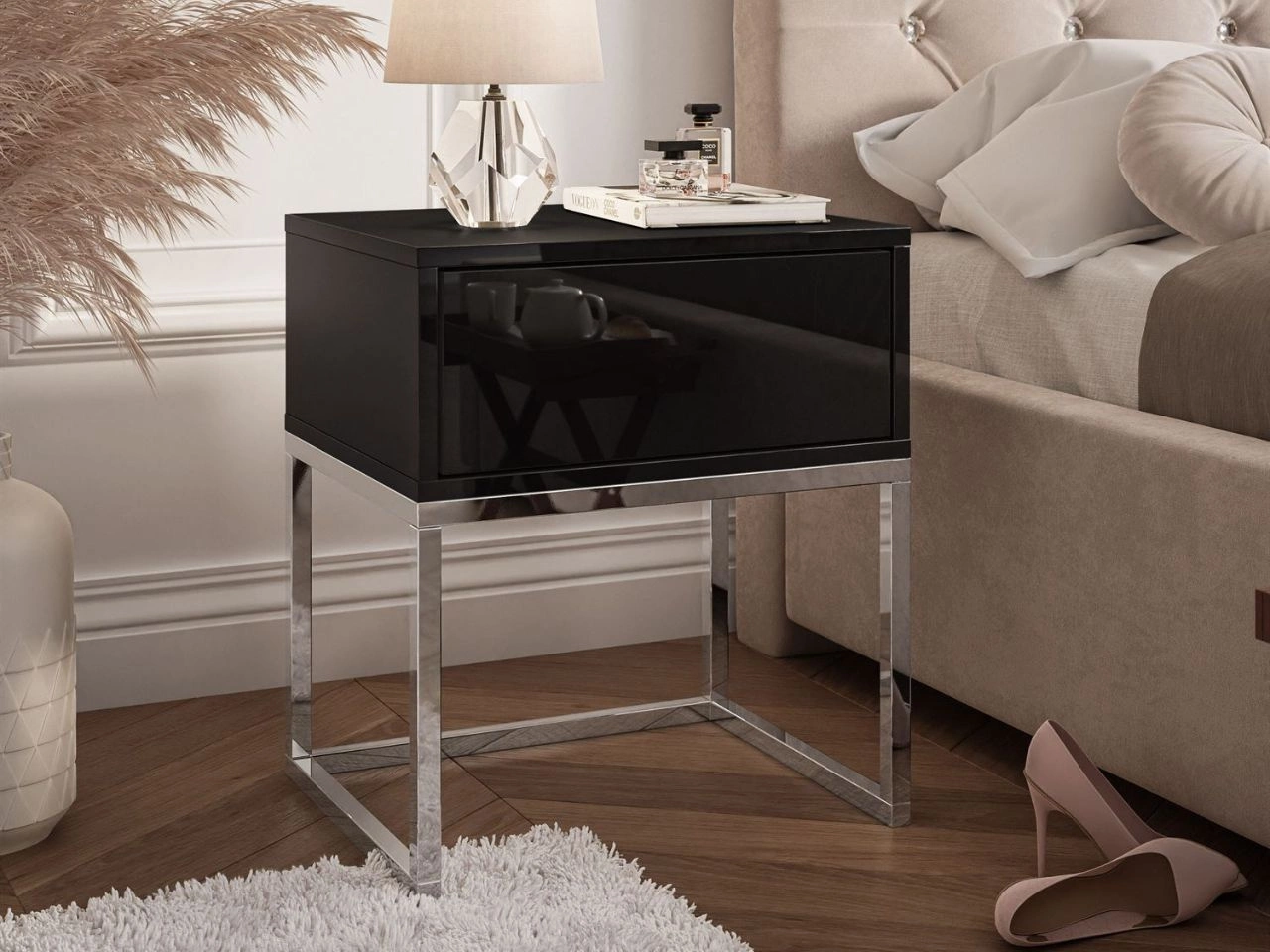 Nachttisch mit Schublade und silbernen Gestell Brisa Schwarz Hochglanz