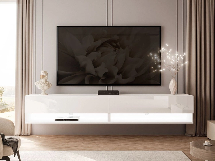 Hänge TV-Schrank 180 cm für Wohnzimmer mit LED-Beleuchtung Aurelie Weiß Hochglanz