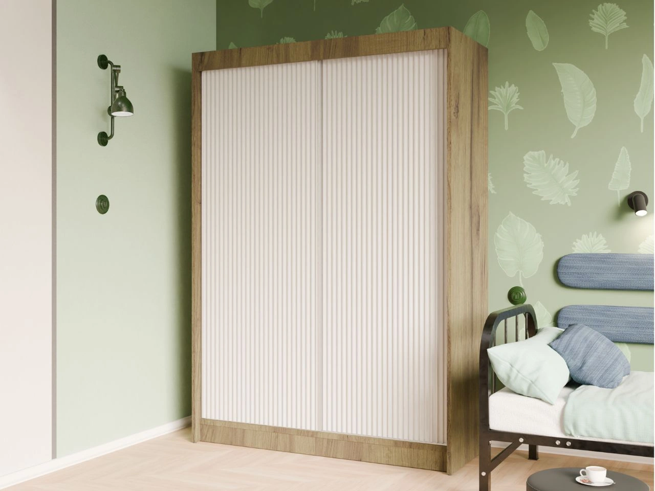 Schiebetürenschrank mit geriffelter Front 150 cm Fano Handwerk Goldene Eiche, Weiß