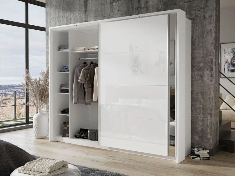 Schwebetürenschrank Zweitüriger mit Aufsatz 254 cm Nuveo Weiß Hochglanz