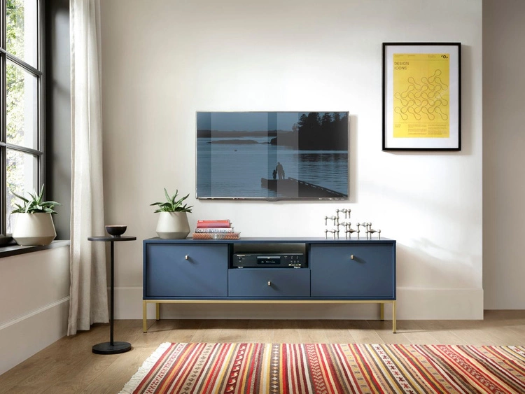 TV-Lowboard mit Schubladen und Türen mit Golden Metallbeinen Amor Marineblau