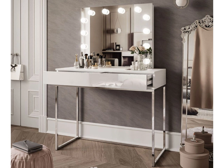 Schminktisch Glamour mit Schubladen, Spiegel und LED-Beleuchtung Brisa Weiß Hochglanz