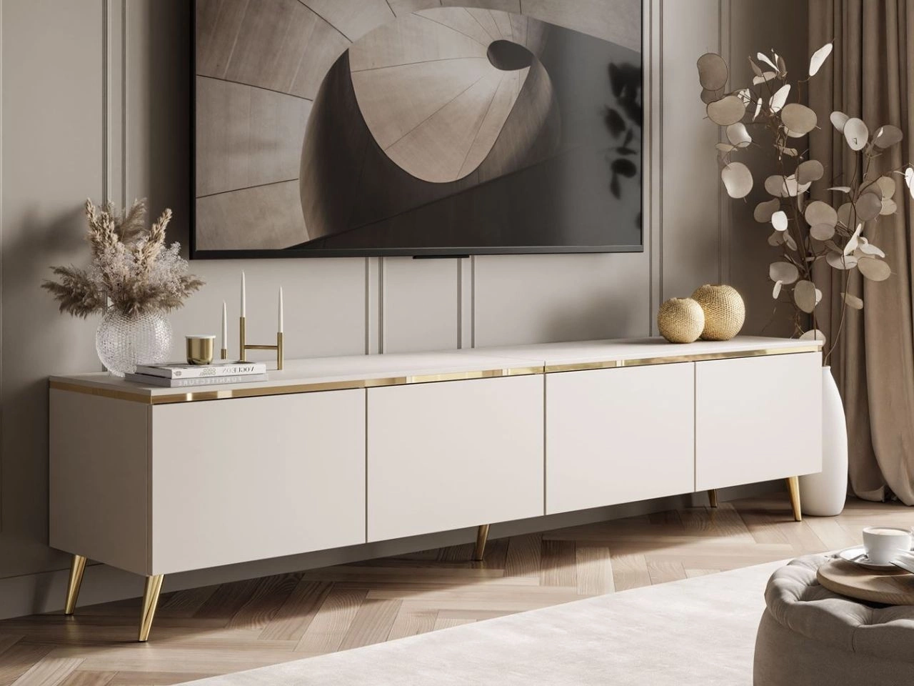 TV-Lowboard viertürig im Glamour-Stil mit LED-Beleuchtung Celle, Kaschmir matt