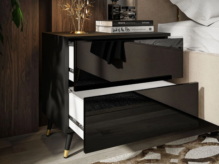 Nachttisch mit Schubladen auf Schwarz-Goldenen Metallbeinen Nuveo Schwarz Hochglanz