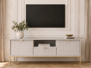 TV-Lowboard mit Schublade und Türen Amber Grau auf goldenen Beinen