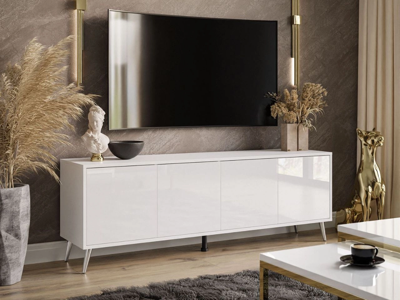 TV-Lowboard mit Türen silberne Beine Vivance Weiß Hochglanz