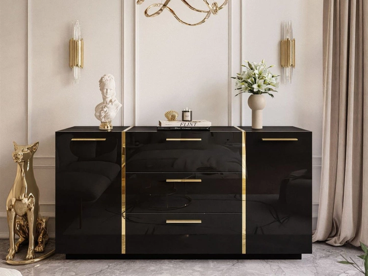 Zweitürige Kommode 158 cm mit drei Schubladen Lunelie Schwarzglanz