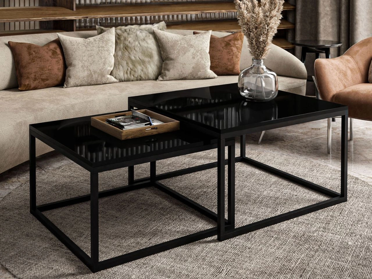 Couchtisch auf schwarzem Gestell Asumi Schwarz Hochglanz 36x42