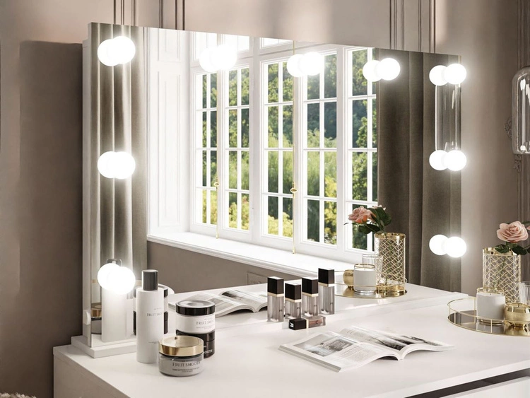 Schminktisch mit Spiegel, Schubladen und LED Melo Elite Weiß Matt