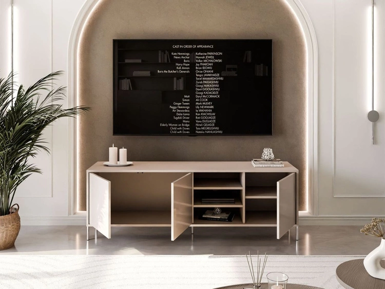 TV-Lowboard im Glamour-Stil mit Türen auf geraden silbernen Füßen Vivance, Kaschmir Hochglanz