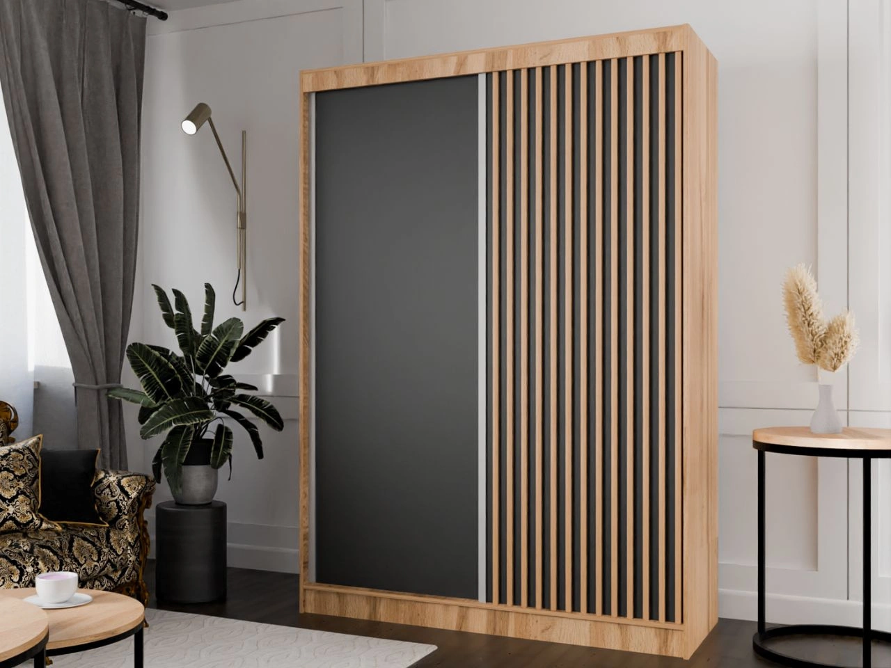 Schiebetürenschrank mit Lamellen 150 cm Loreto Handwerk Goldene Eiche, Schwarz