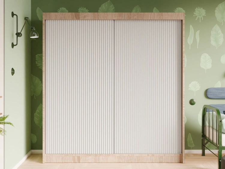 Schiebetürenschrank mit geriffelter Front 200 cm Fano Eiche Sonoma, Weiß