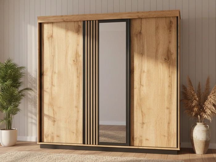 Schiebetürenschrank 240 cm mit Spiegel, mit Lamellen für das Schlafzimmer Lavore Wotan Eiche, Schwarz matt