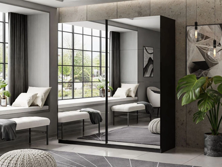 Schwebetürenschrank Zweitüriger mit Spiegelm 194 cm Nuveo Schwarz Hochglanz