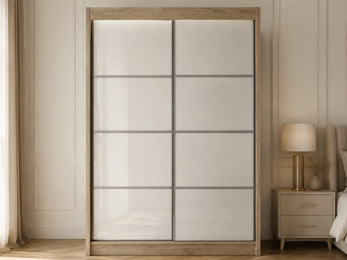 Schiebetürenschrank mit Sprossen 150 cm mit LED-Beleuchtung Ponti Eiche Sonoma, Weiß