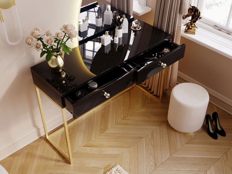 Schminktisch mit Schubladen Belleza Schwarz Hochglanz Gold Frame