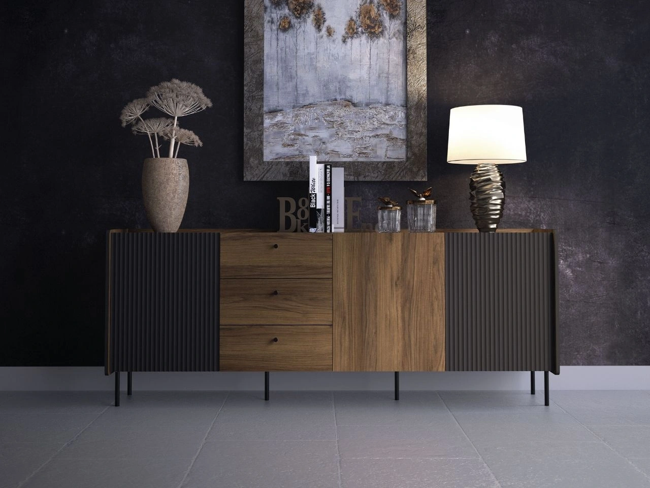 Kommode mit Türen und Schubladen 200 cm Pascale Nussbaum Warmia, Schwarz