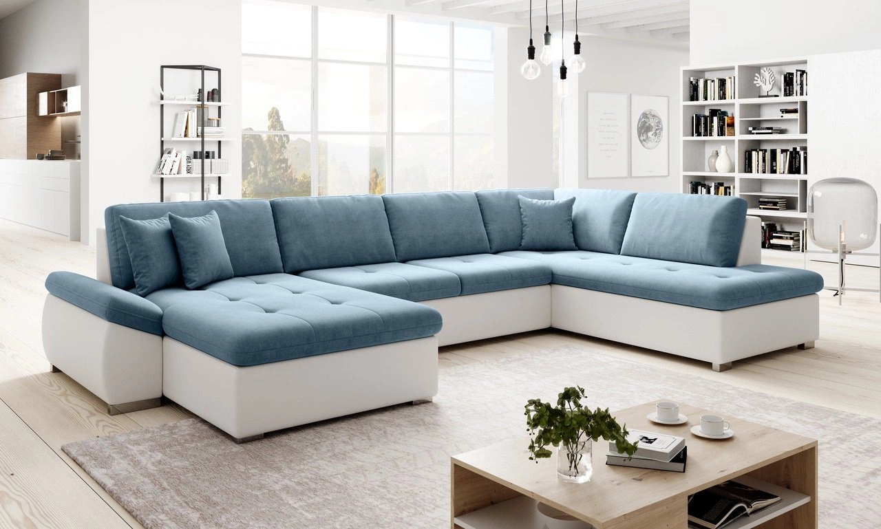 Ecksofa U-Form rechts Moni - Blau + Weiss