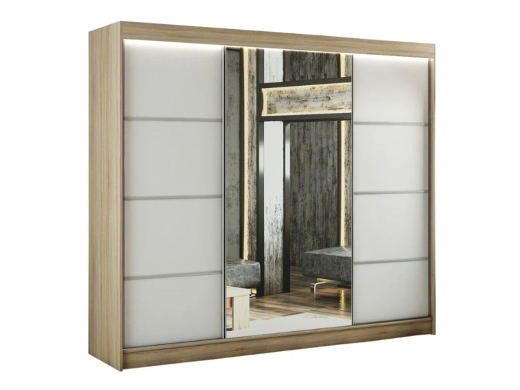 Schiebetürenschrank mit Spiegel 250 cm mit LED-Beleuchtung Portel Weiß, Eiche Sonoma