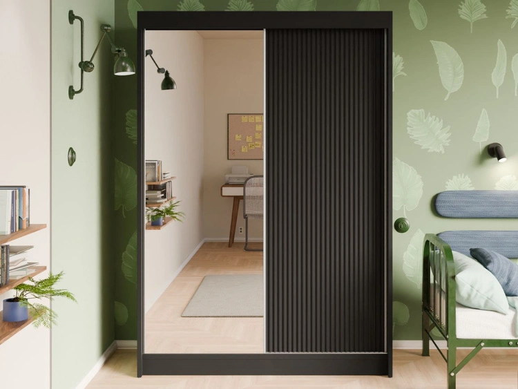 Schiebetürenschrank mit geriffelter Front und Spiegel 150 cm Fano Schwarz