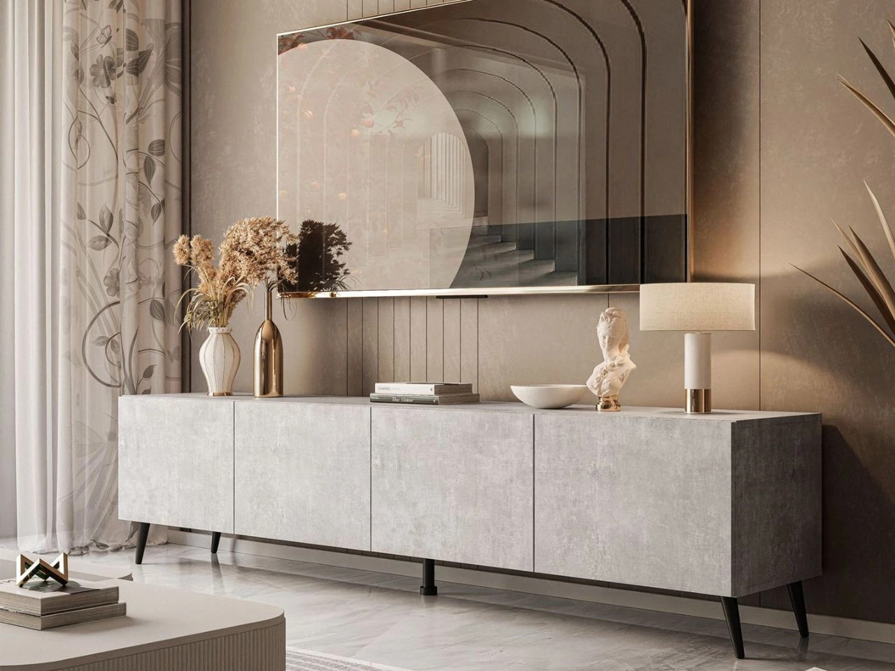 TV-Lowboard mit Türen auf Schwarzen Metallbeinen 200 cm Nodoo Beton