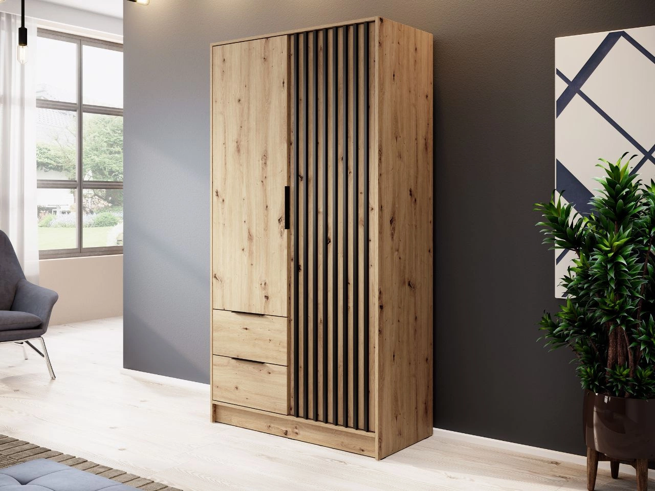 Kleiderschrank 105 cm Macron Artisan Eiche, Schwarz