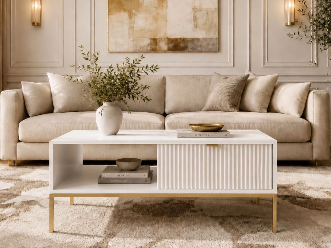 Couchtisch mit Stauraum Amber Weiß, Gold Frame (13664)