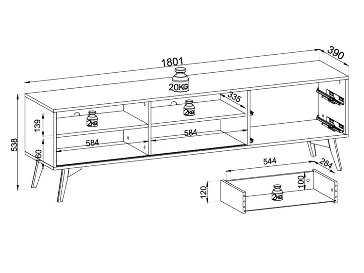 TV-Lowboard mit Schubladen und Türen Soil Barock Eiche, Schwarz