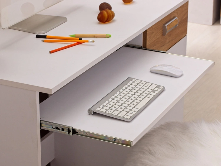 Schreibtisch 120 cm mit ausziehbarem Regal und Schublade, für einen Teenager Lindo Weiß, Nash Eiche