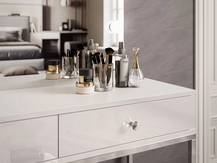 Schminktisch Glamour mit Schubladen, Spiegel und LED-Beleuchtung Brisa Weiß Hochglanz