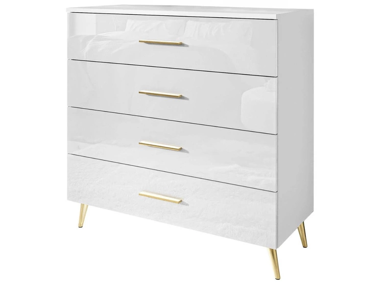Kommode mit vier Schubladen und LED-Beleuchtung auf Goldenen Metallbeinen Nuveo Weiß Hochglanz