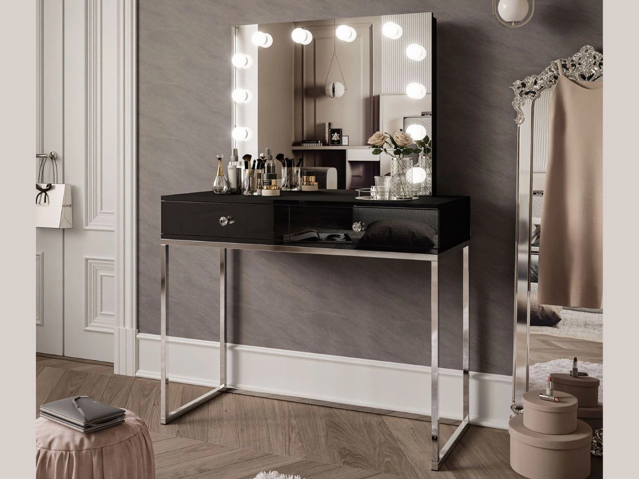 Schminktisch  Glamour mit Schubladen, Spiegel und LED-Beleuchtung Brisa Schwarz Hochglanz