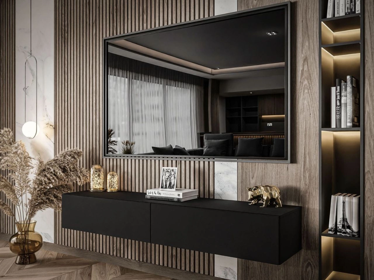 Hängendes TV-Lowboard mit zwei Türen 175 cm Sorelle Schwarz Matt