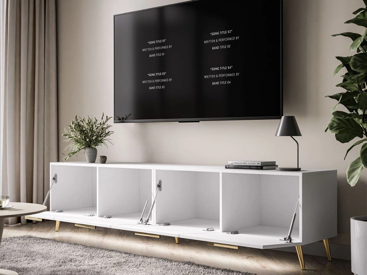 TV-Lowboard mit Türen und LED-Beleuchtung auf Goldenen Metallbeinen 200 cm Noaé Weiß Hochglanz