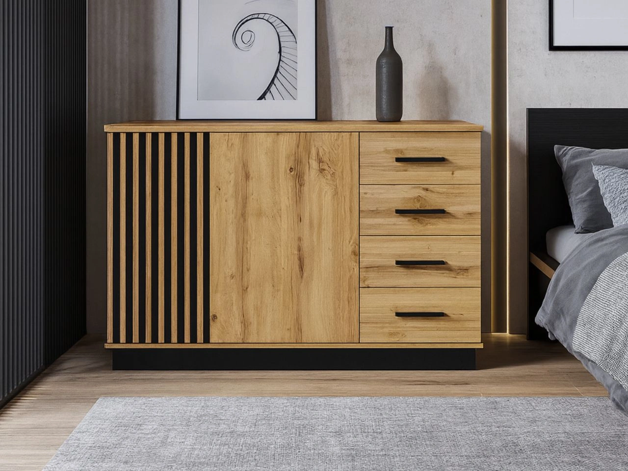 Kommode mit zwei Türen und Schubladen Lavore Wotan Eiche, Schwarz matt