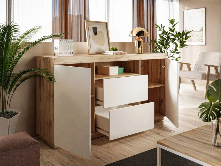 Wohnzimmer-Set – TV-Schrank und Kommode Asumi Weiß und Eiche Wotan