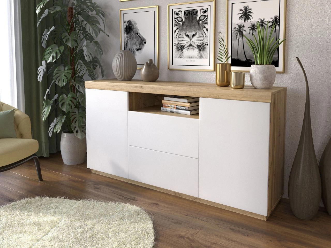 Zweittürige Kommode 164 cm im Loft-Stil Asumi Weiß matt und Eiche Wotan