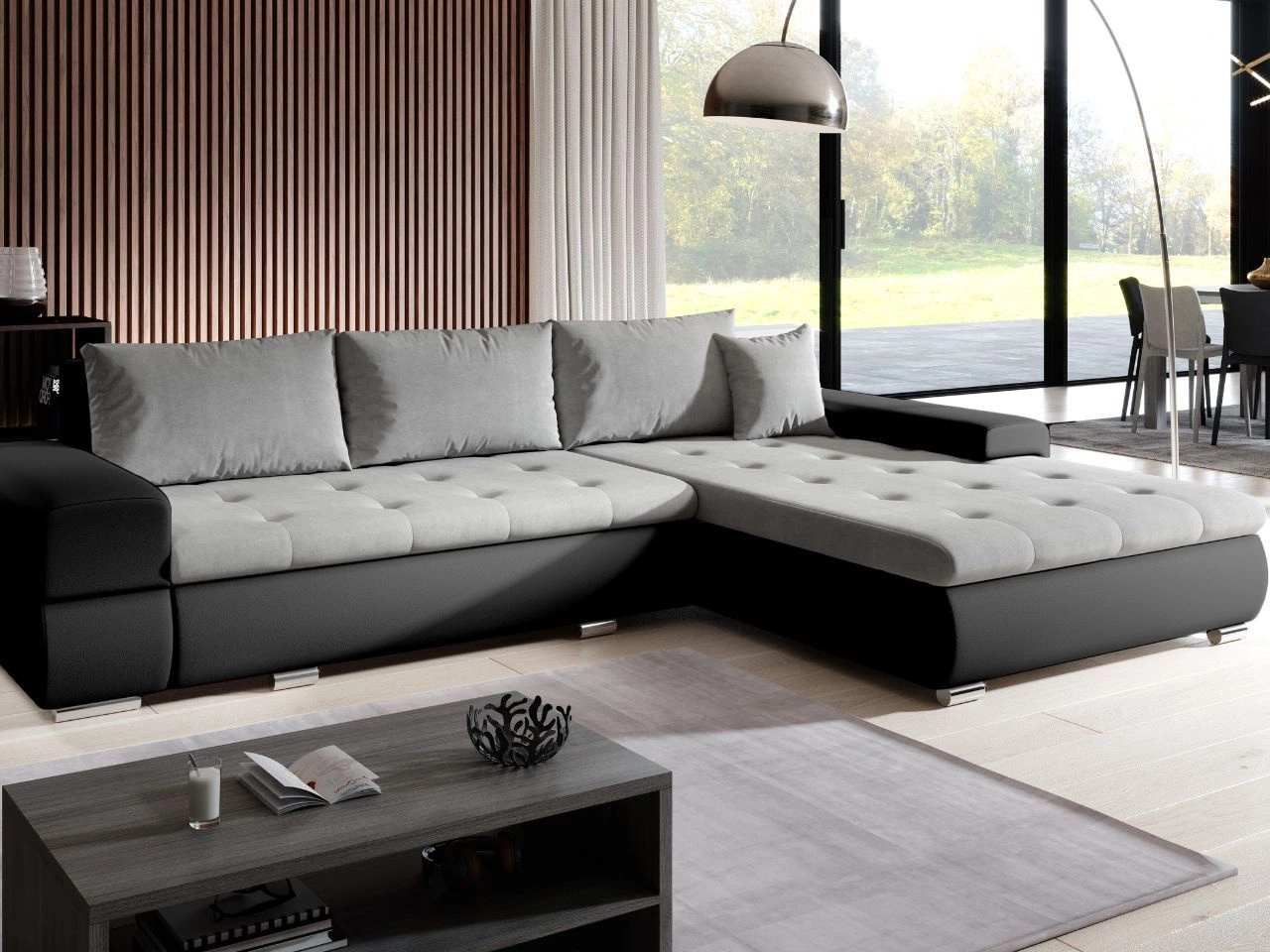 Ecksofa L-Form mit Schlaffunktion und Bettkasten Sonia Grau, Schwarz