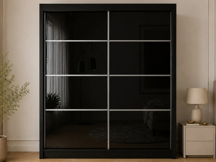 Schiebetürenschrank mit Sprossen 200 cm mit LED-Beleuchtung Ponti Schwarz