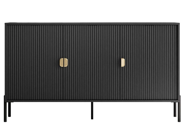 Kommode dreitürig breit mit Goldgriffen Orlean Schwarz Matt