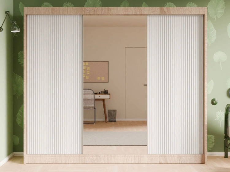 Schiebetürenschrank mit geriffelter Front und Spiegel 250 cm Fano Eiche Sonoma, Weiß