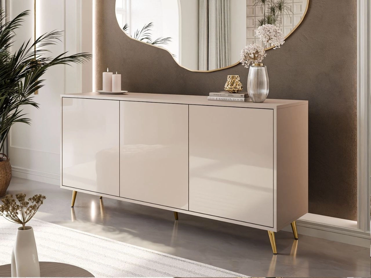 Dreitürige Kommode 154 cm Glamour-Stil auf goldfarbenen Metallbeinen Vivance Kaschmirglanz